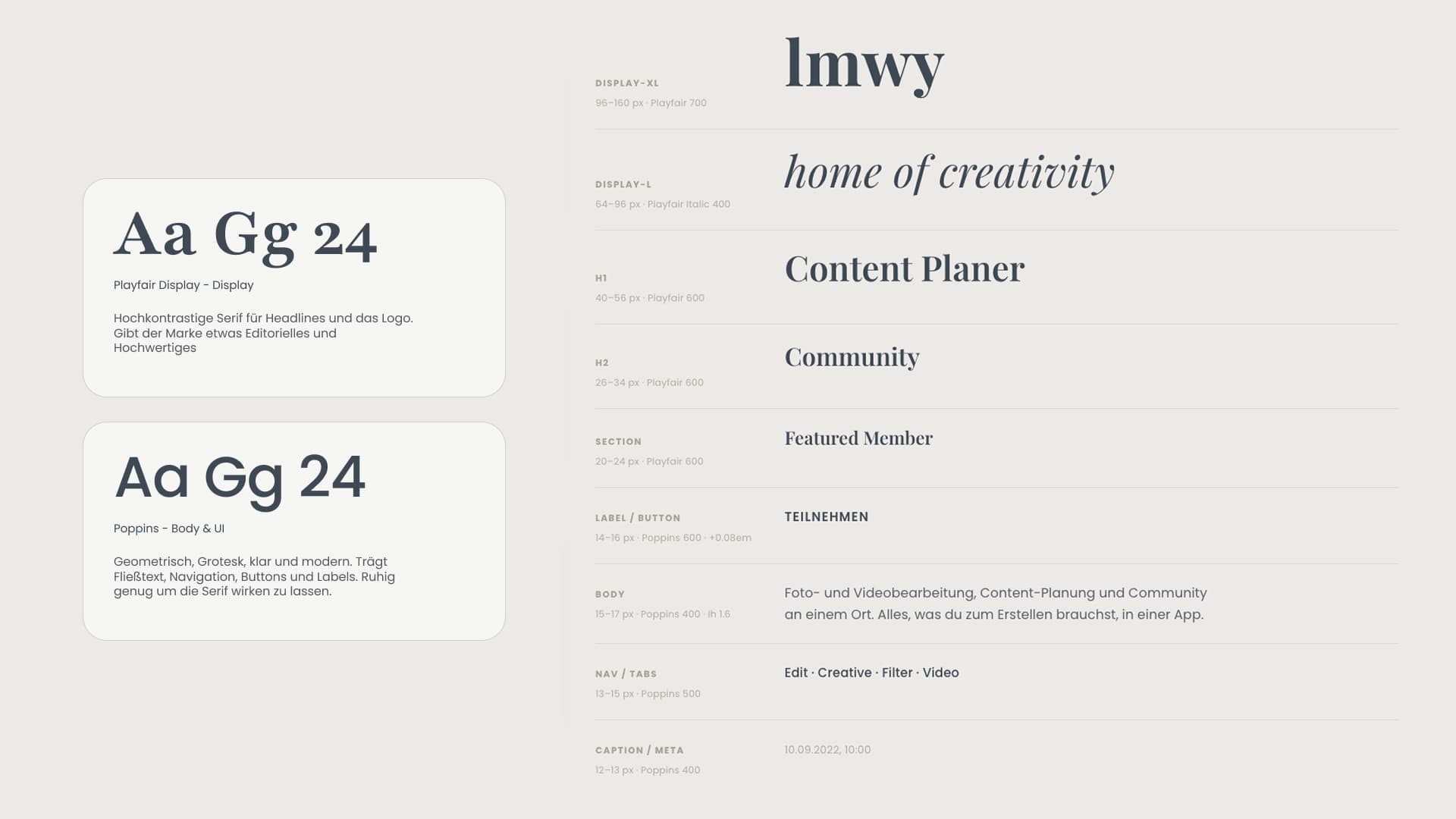 Typografie des LMWY Design Systems: Playfair Display und Poppins