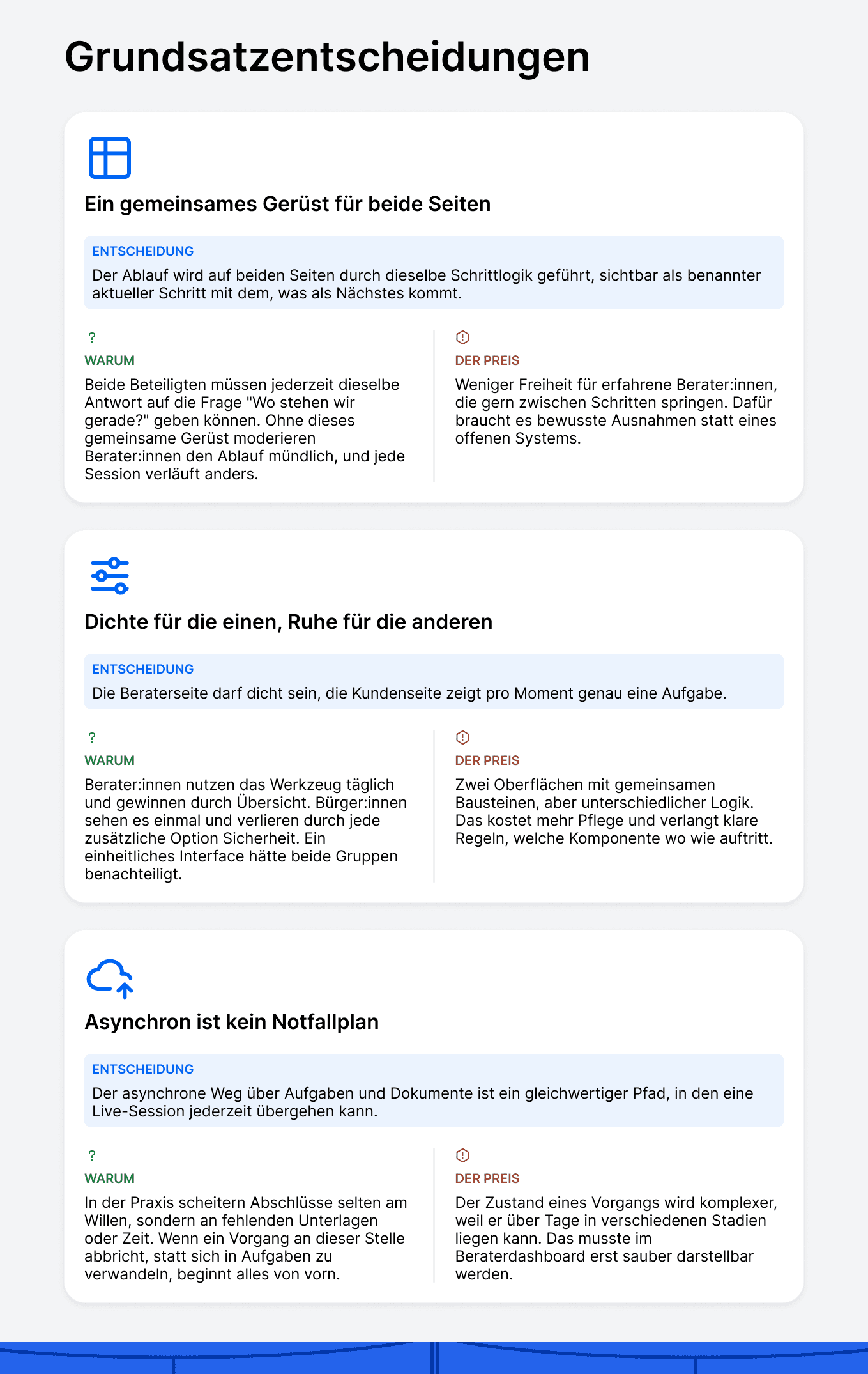 Übersicht der drei zentralen Designentscheidungen mit ihren jeweiligen Abwägungen